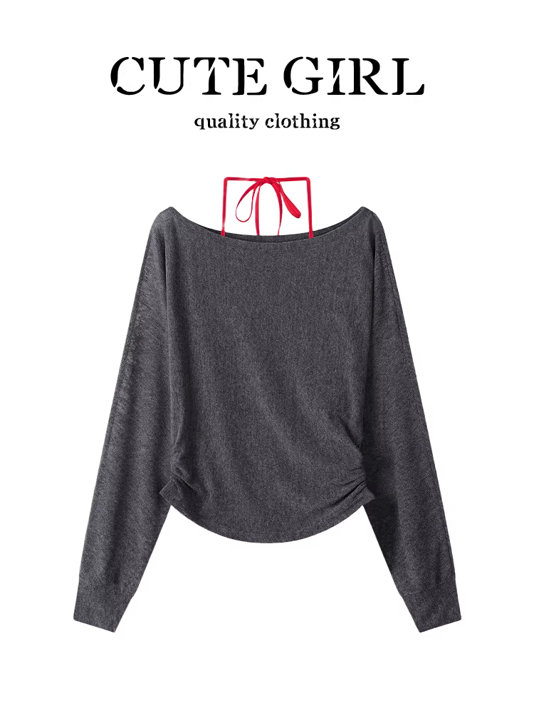 CuteGirl phong cách thuần khiết khao khát áo thun dài tay một vai cổ yếm có dây đeo dành cho nữ đầu mùa thu áo dáng rộng dáng rộng