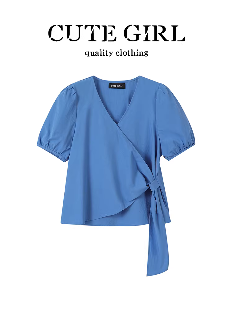 Áo sơ mi ngắn tay cổ chữ V buộc dây kiểu Hàn Quốc CuteGirl dành cho nữ, áo ngắn tay phồng mùa hè