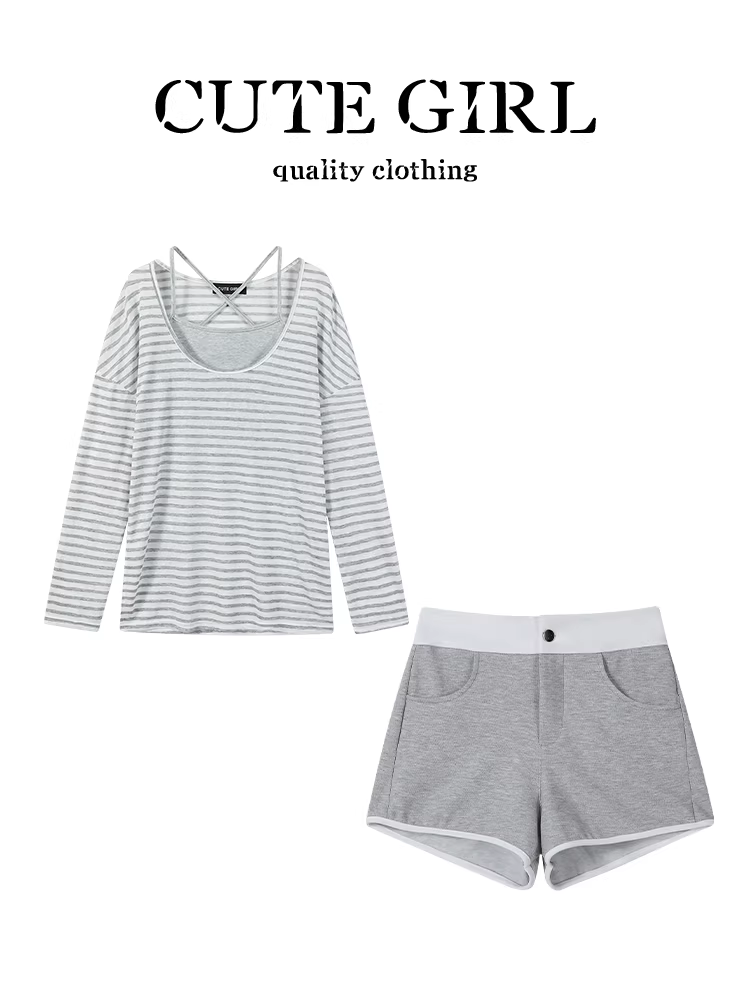 Trang phục mùa hè xinh xắn của CuteGirl dành cho nữ: áo chống nắng cổ tròn sọc, áo phông, quần short phối màu lưng cao bộ ba món