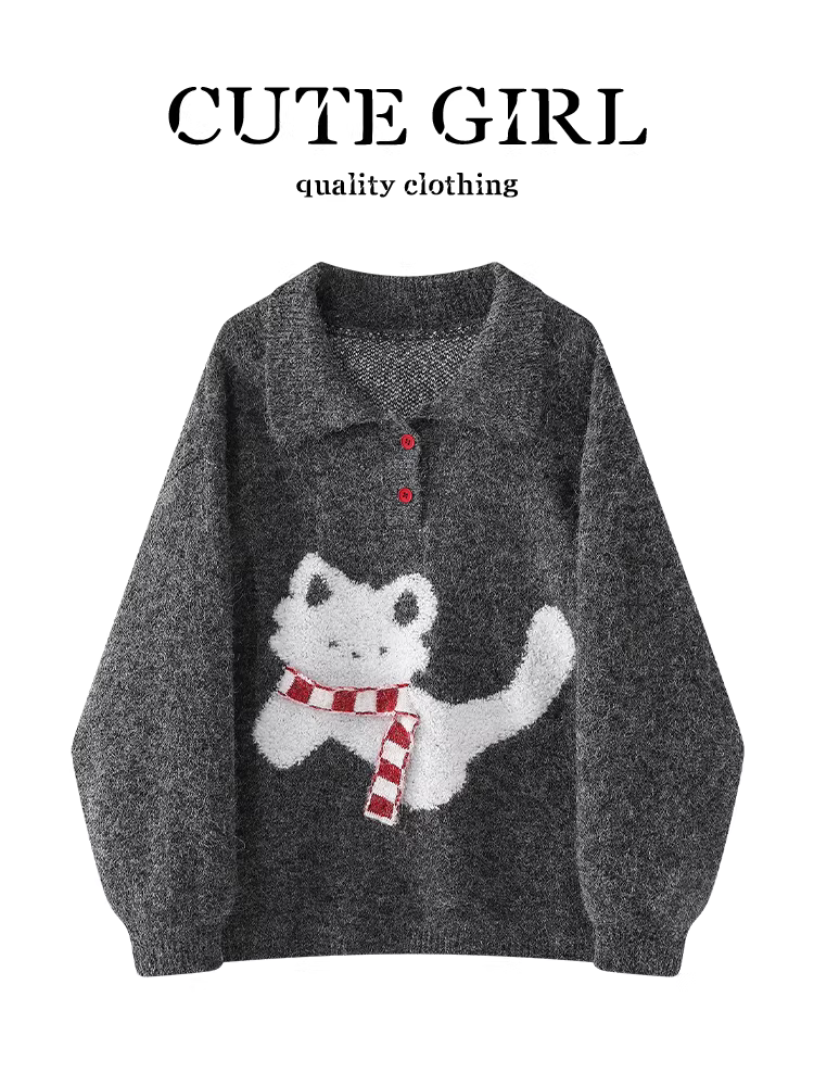 Áo len chui đầu cổ polo kiểu Hàn Quốc dễ thương dành cho nữ, chất liệu dệt kim dáng rộng, mùa thu đông