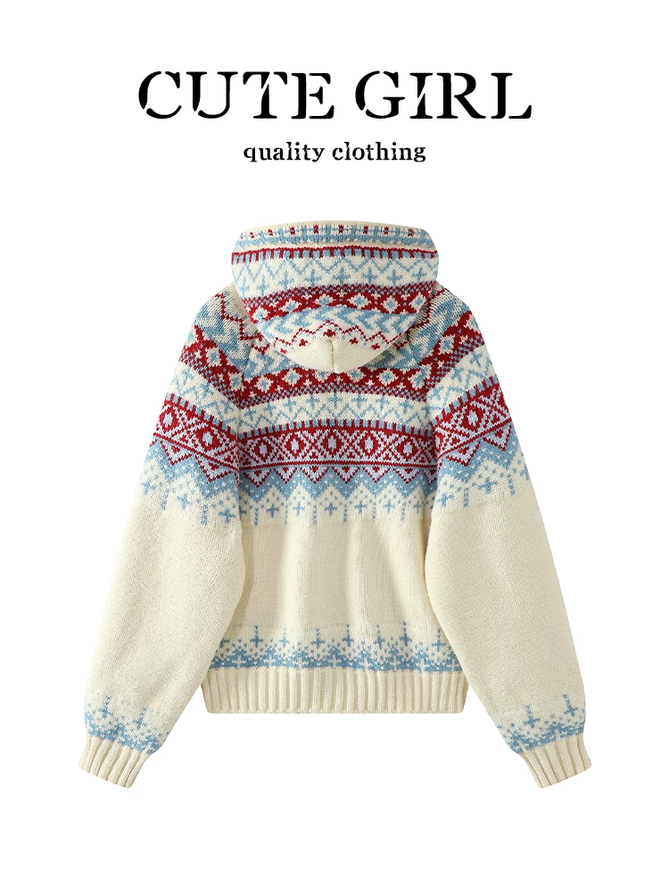 Áo khoác len có mũ trùm đầu kiểu Fair Isle phong cách Hàn Quốc dành cho nữ, phong cách Giáng sinh mùa thu đông, dáng rộng và đa năng, áo len cardigan mềm mại và ấm cúng.