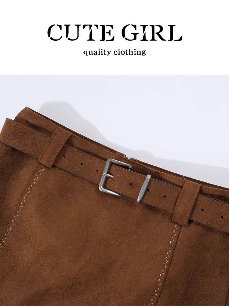 Váy chữ A màu hạt dẻ kiểu chuồng trại dễ thương có thắt lưng dành cho nữ, váy ngắn đa năng eo cao thanh lịch mùa thu