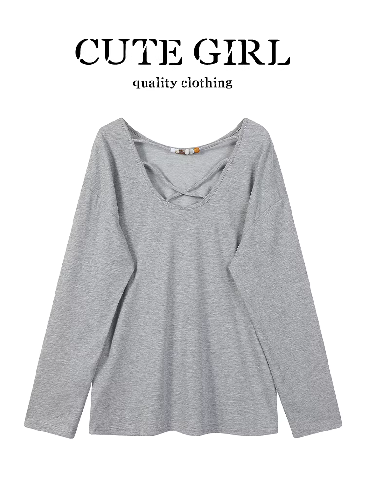 Áo thun dài tay cổ tròn màu xám phong cách Hàn Quốc dành cho nữ, phong cách lười biếng mùa hè, áo che nắng rộng rãi và đa năng.