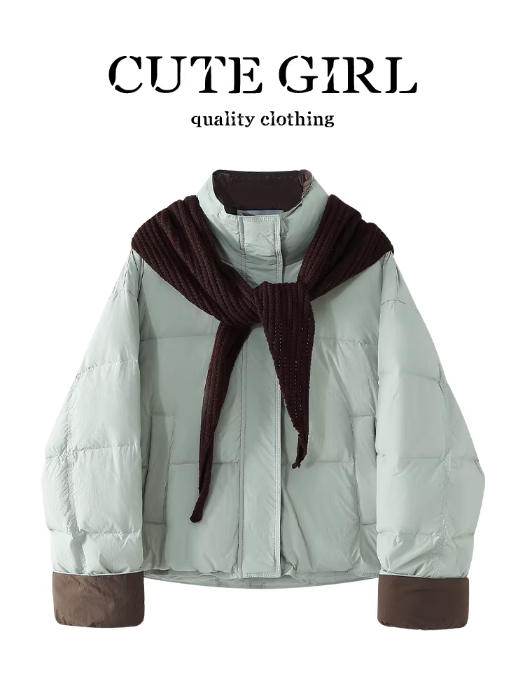 Áo khoác len cổ đứng phối màu sành điệu của CuteGirl dành cho nữ, mùa thu đông, áo khoác cotton thanh lịch, rộng rãi, đa năng, giảm tuổi tác.