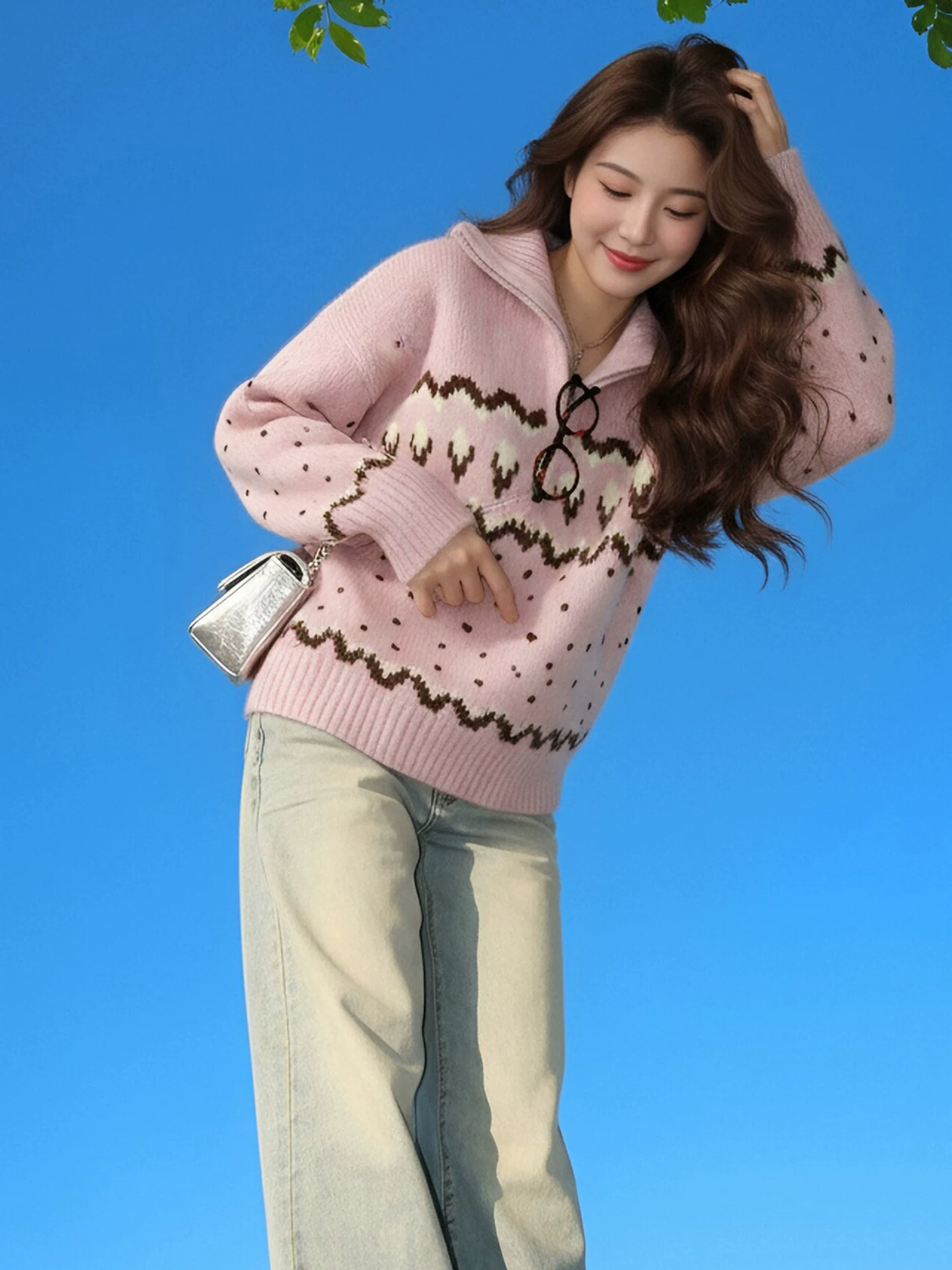 Áo len cổ lọ nửa khóa kéo màu hồng phong cách Hàn Quốc của CuteGirl dành cho nữ, áo len dáng rộng cổ điển mùa đông