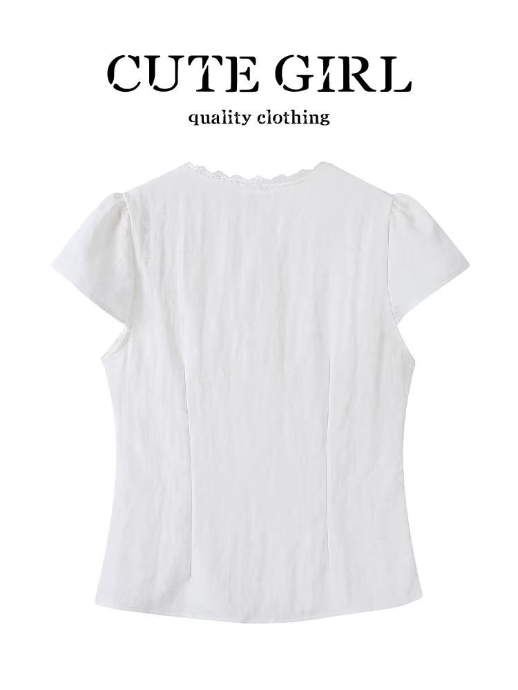 Áo sơ mi ngắn tay cổ chữ V ren phong cách Hàn Quốc dành cho nữ mùa hè, phong cách ngọt ngào, thon gọn eo và thanh lịch