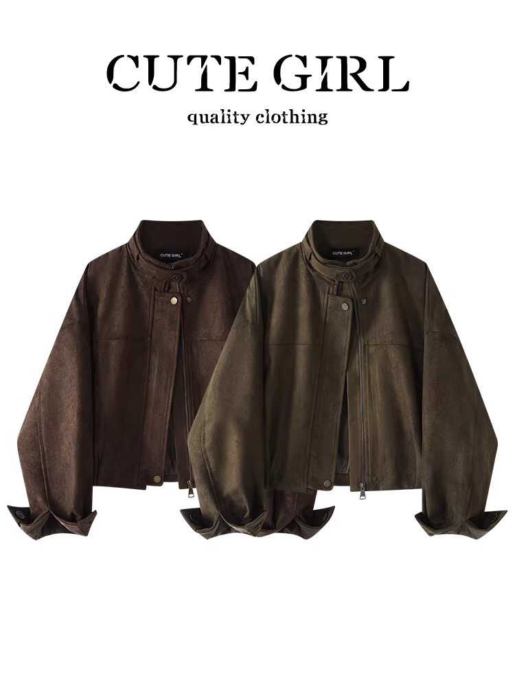 Áo khoác ngắn bằng da lộn cổ đứng lấy cảm hứng từ thiết kế CuteGirl dành cho nữ, áo khoác dáng rộng thông thường cao cấp mùa thu đa năng