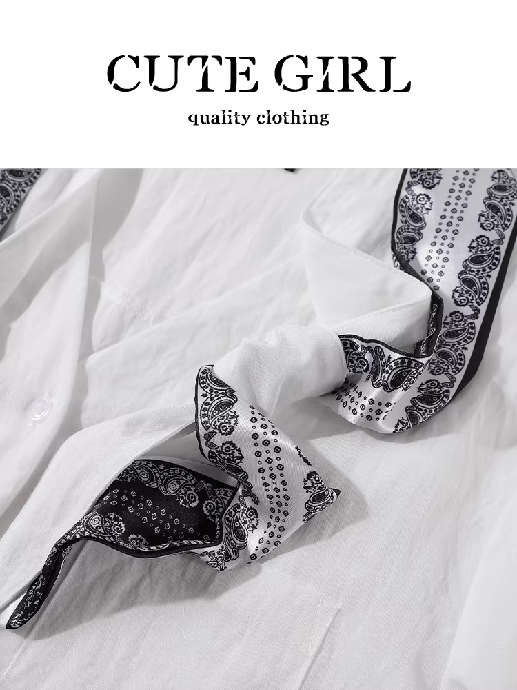 Áo sơ mi trắng dài tay cổ polo thanh lịch phong cách Pháp dành cho nữ, áo sơ mi khăn quàng cổ đơn giản đa năng mùa thu