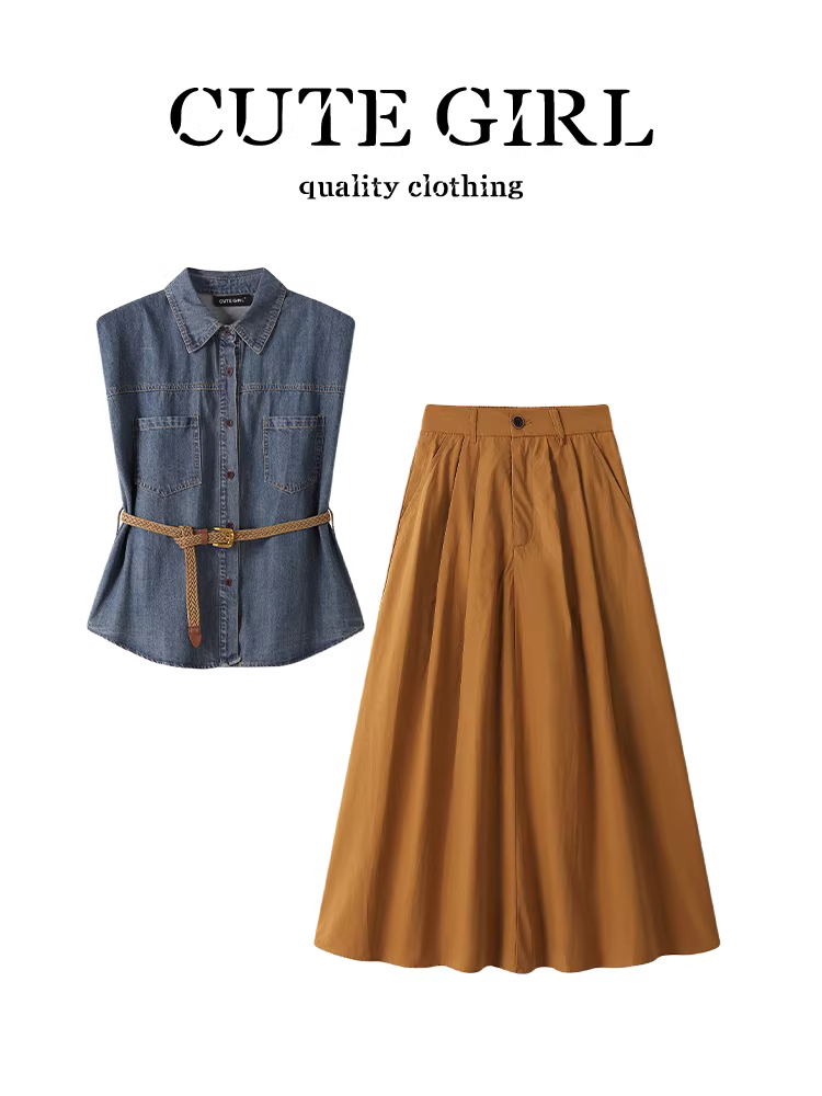 Bộ đồ hai mảnh nữ mùa hè gồm áo vest denim không tay kiểu retro Hàn Quốc và chân váy chữ A cao eo