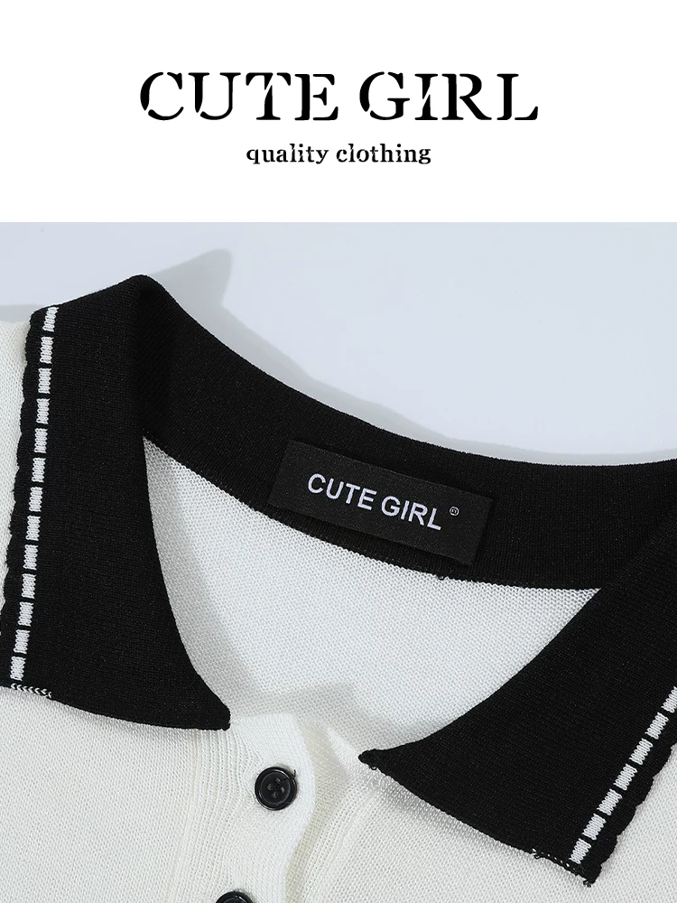 Áo thun nữ tay ngắn cổ Polo ren thiết kế CuteGirl chất liệu lụa đá mùa hè dáng rộng, phong cách thường ngày, đa năng, chất liệu dệt kim