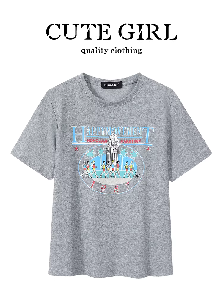 Áo thun ngắn tay cổ tròn màu xám in họa tiết cổ điển của CuteGirl dành cho nữ, thời trang mùa hè, giảm tuổi tác, áo thường ngày đa năng