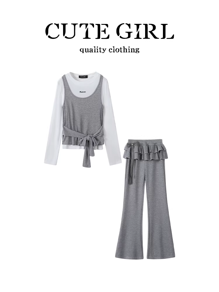 Bộ đồ hai mảnh cao cấp và thời trang của CuteGirl dành cho nữ, bộ đồ hai mảnh đi nghỉ mùa thu với áo hai dây buộc dây và quần thường ngày.