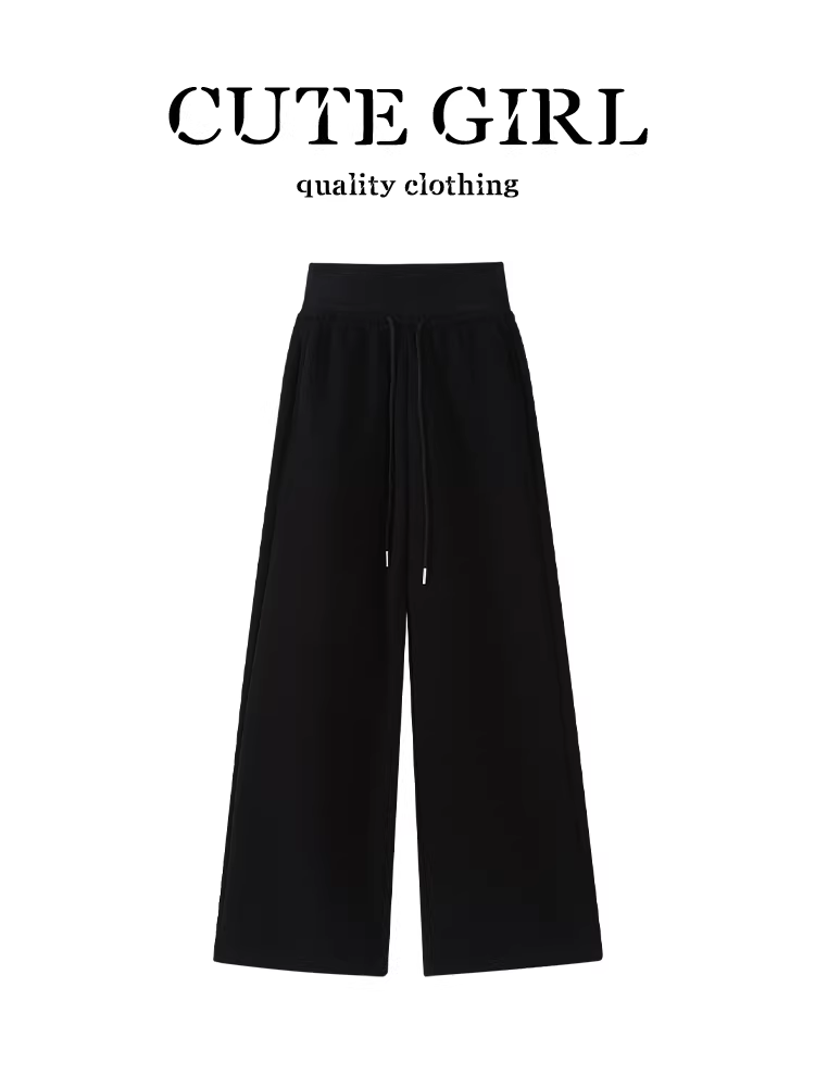Quần ống rộng lưng thun màu đen phong cách Hàn Quốc dành cho nữ, thiết kế mùa thu, dáng rộng và đa năng, quần ống đứng tôn dáng