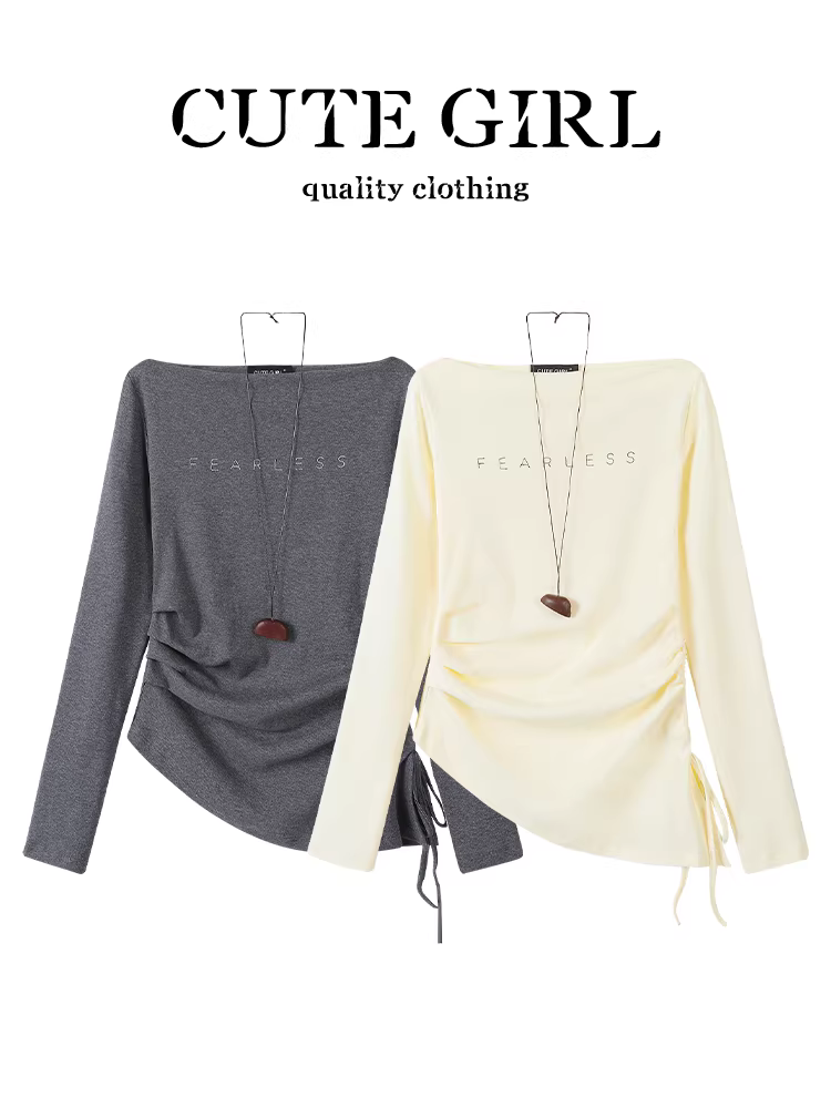 Áo thun dài tay lệch vai màu mơ lấy cảm hứng từ thiết kế CuteGirl có túi dành cho nữ, phong cách thuần khiết và quyến rũ mùa thu, áo ôm dáng và tôn dáng.