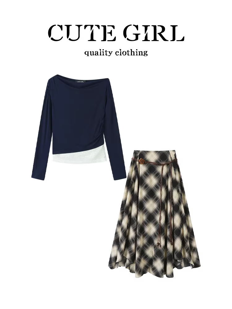 Bộ trang phục đầu thu phong cách Hàn Quốc CuteGirl dành cho nữ, áo thun dài tay lệch vai cao cấp và váy kẻ sọc hai mảnh