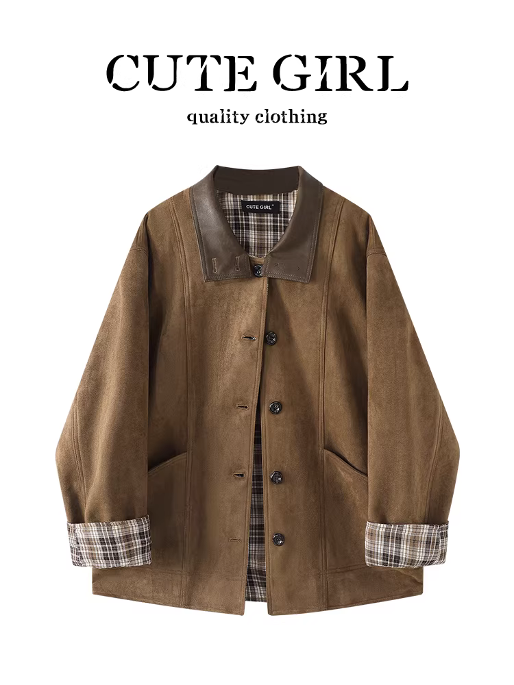 Áo khoác da lộn kẻ sọc có thể đảo ngược theo phong cách retro CuteGirl dành cho nữ, phong cách mùa thu, áo khoác dáng rộng, giản dị và đa năng
