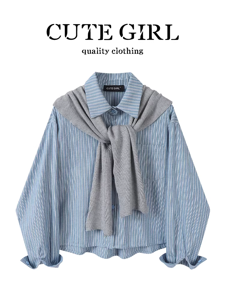 Áo sơ mi cổ polo sọc phong cách Hàn Quốc có khăn choàng cho nữ, thiết kế mùa thu, áo sơ mi dáng rộng đa năng