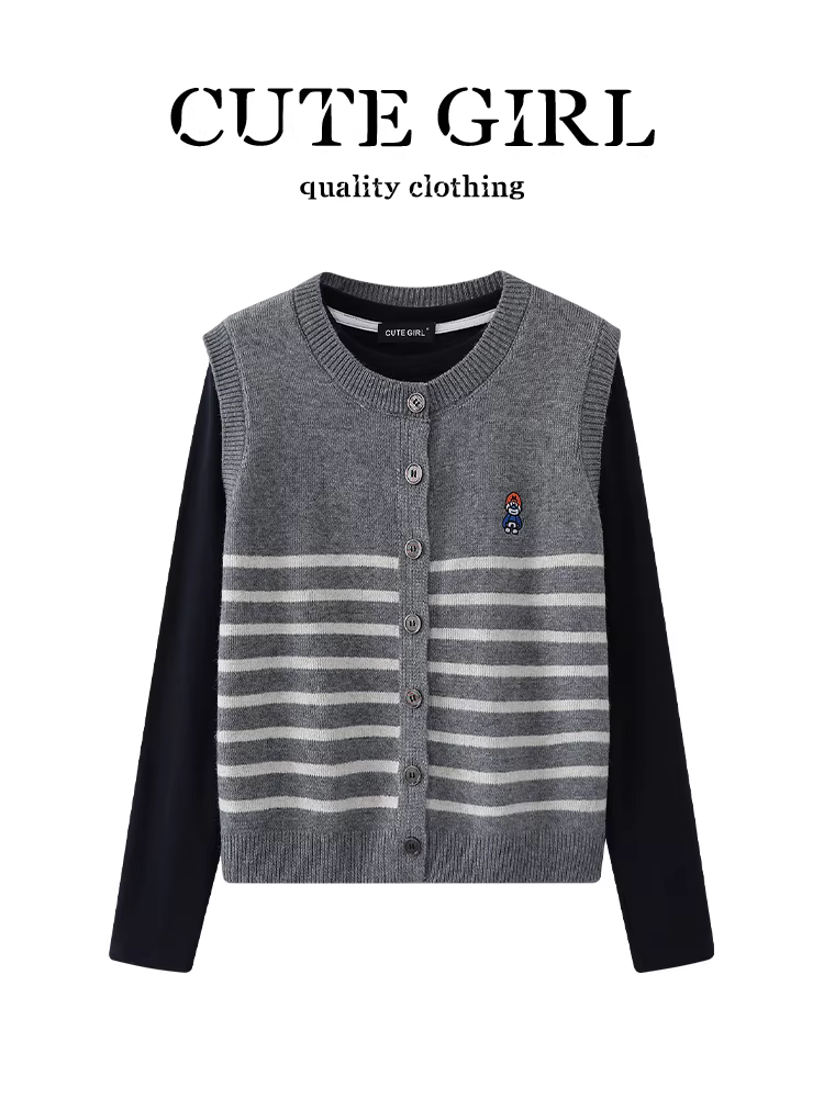 CuteGirl đầu thu bộ đồ nhỏ xinh phong cách Hàn Quốc dành cho nữ áo vest dệt kim phối màu sọc cổ điển và áo sơ mi hai mảnh
