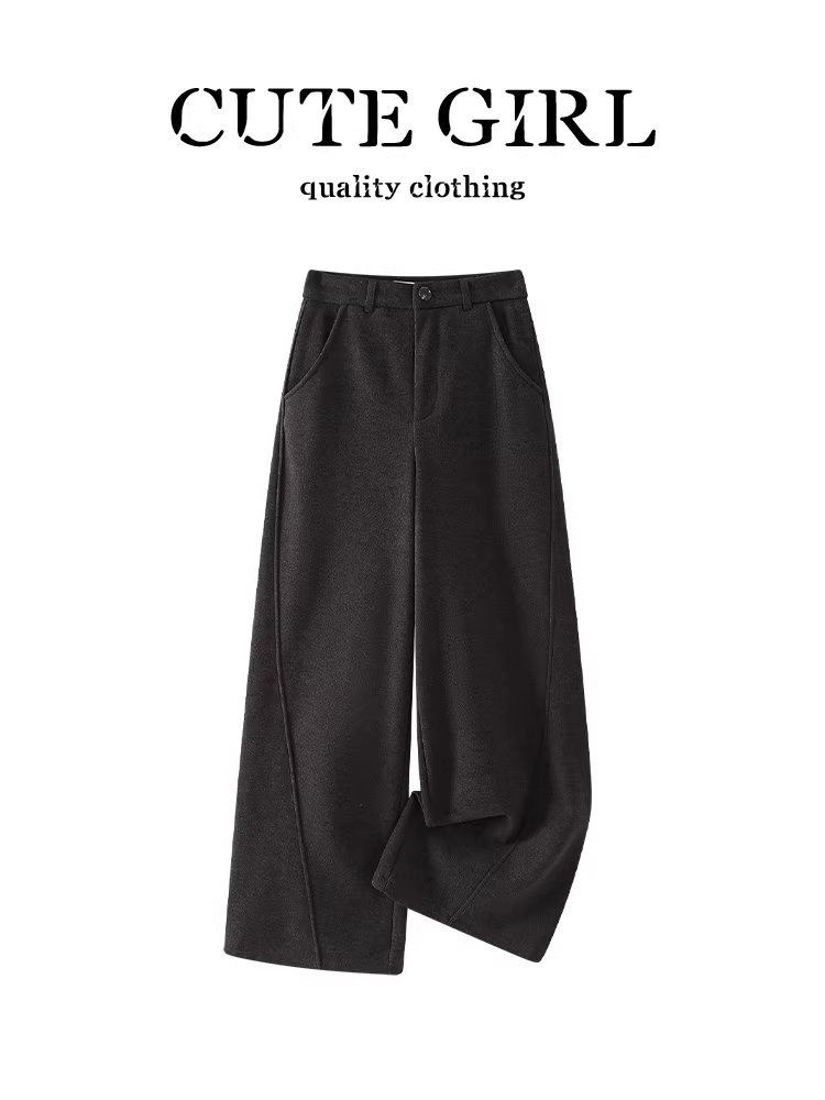 Quần ống rộng bằng len màu xám đậm kiểu cổ điển CuteGirl dành cho nữ, quần ống rộng có lót lông cừu đa năng, cạp cao, giảm béo, mùa thu đông