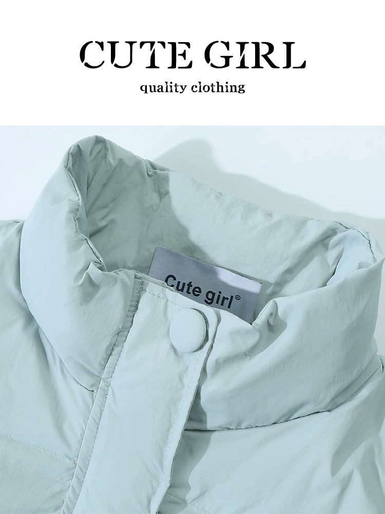 Áo khoác ngắn cổ đứng màu xanh lá cây phong cách Hàn Quốc của CuteGirl dành cho nữ, mùa thu đông, áo khoác cotton nhỏ nhắn, rộng rãi, giản dị, đa năng.