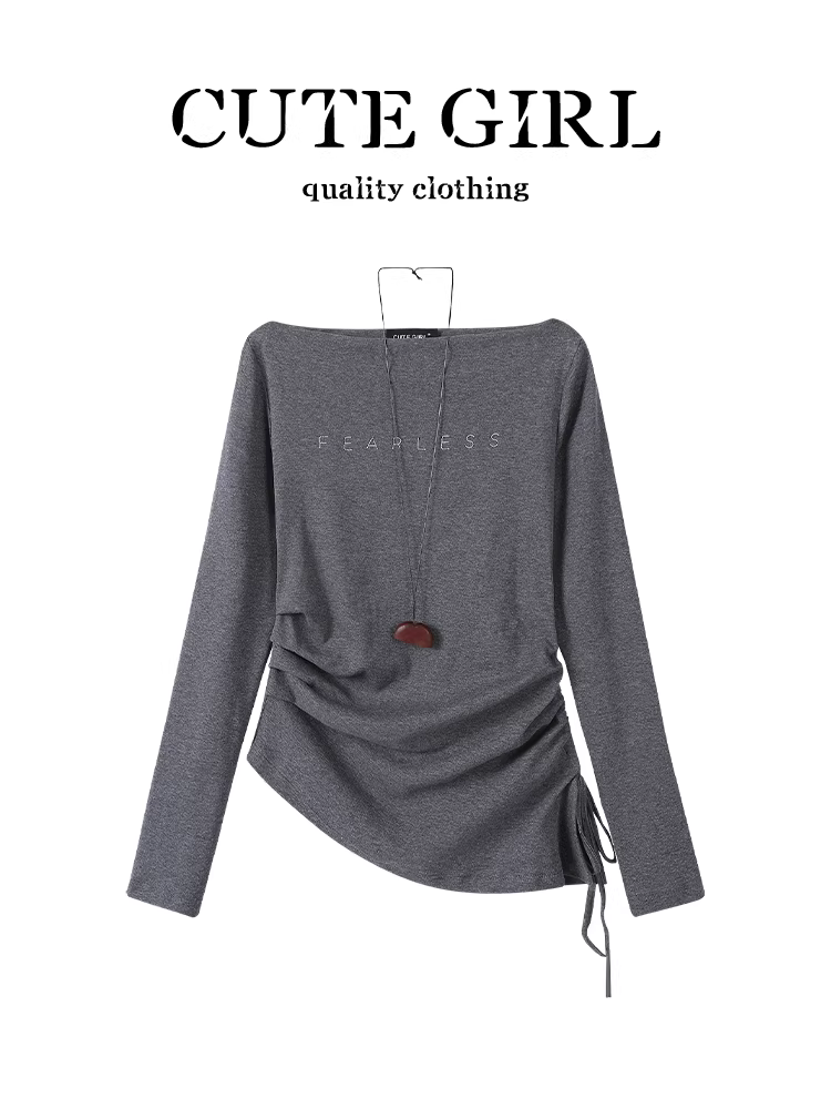 Áo thun dài tay lệch vai màu xám phong cách Hàn Quốc có túi dành cho nữ, áo dáng ôm đa năng thanh lịch mùa thu