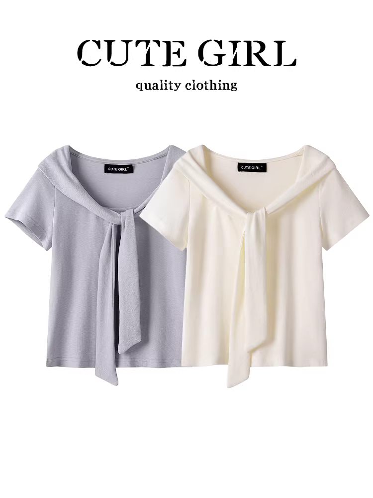 Áo thun ngắn tay kiểu dáng độc đáo theo phong cách Hàn Quốc của CuteGirl dành cho nữ, áo thun ngắn tay kiểu Pháp mùa hè kiểu dáng thanh lịch