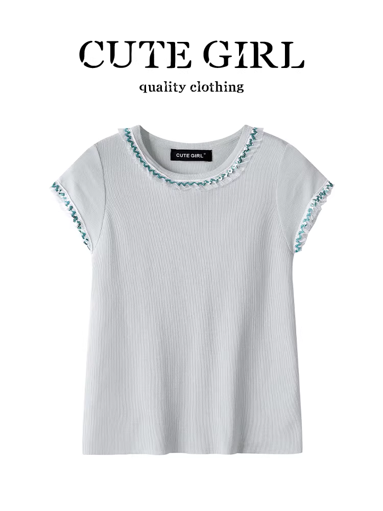 Áo thun ngắn tay dệt kim ren sequin màu xanh lá cây cao cấp phong cách Hàn Quốc dành cho nữ mùa hè