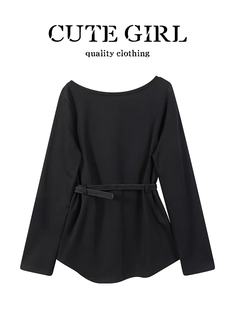 Áo thun dài tay màu đen cổ điển kiểu Hàn Quốc có thắt lưng dành cho nữ, phong cách mùa thu, dáng rộng và đa năng, áo độc đáo