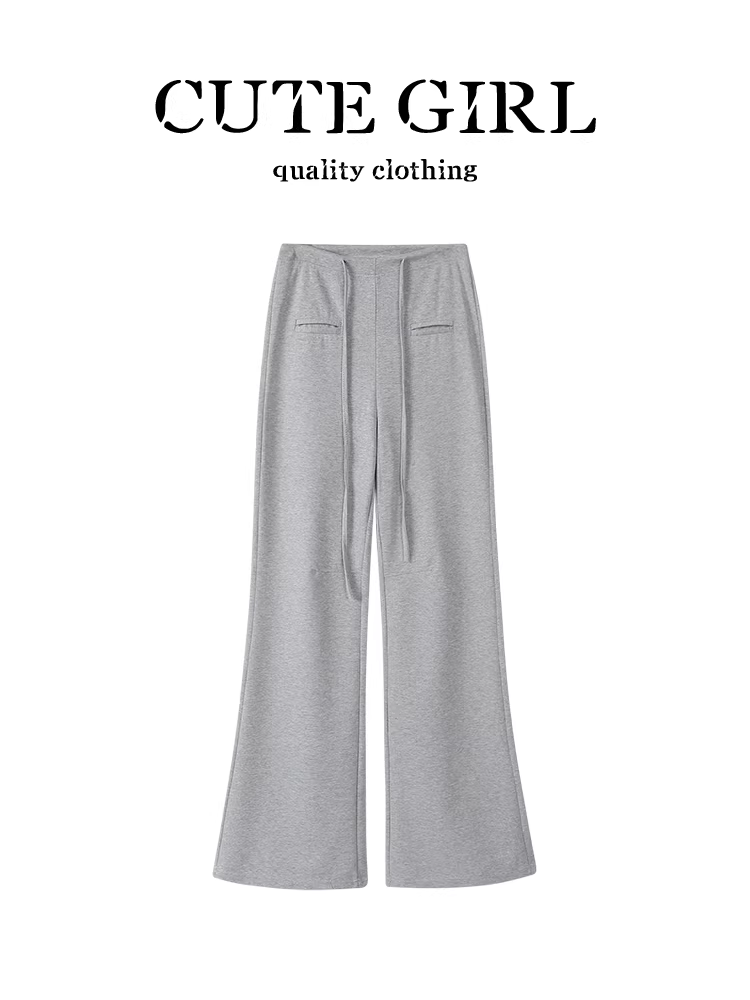Quần âu lưng thun màu xám phong cách Hàn Quốc dành cho nữ, thiết kế mùa thu, lưng cao, giảm béo, quần ống đứng đa năng