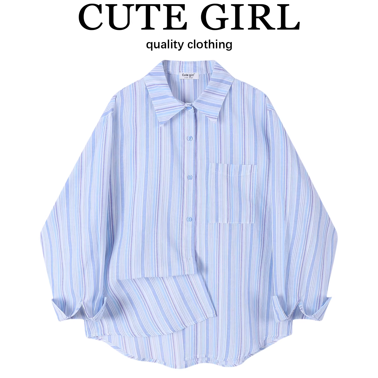 CuteGirl phong cách lười biếng ngọt ngào áo sơ mi sọc dọc màu xanh dành cho nữ mùa xuân niche dáng rộng giản dị áo chống nắng hợp thời trang