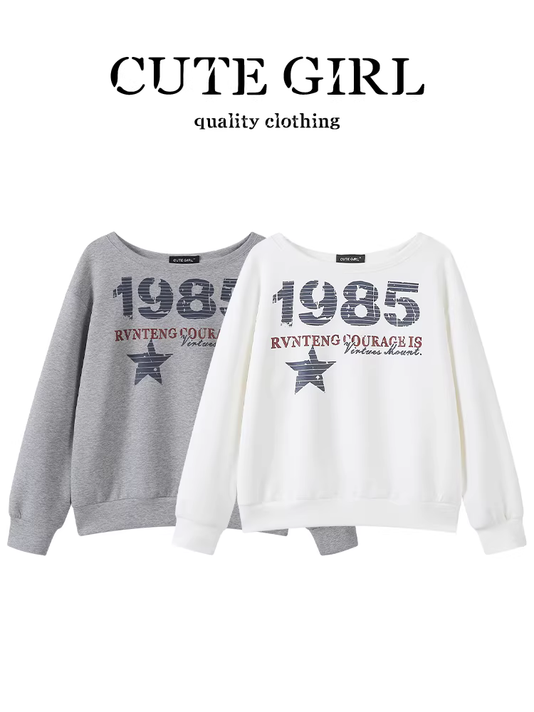 Áo len cổ tròn in chữ màu trắng phong cách Hàn Quốc dành cho nữ, áo kiểu dáng lười biếng mùa thu, dáng rộng, đa năng