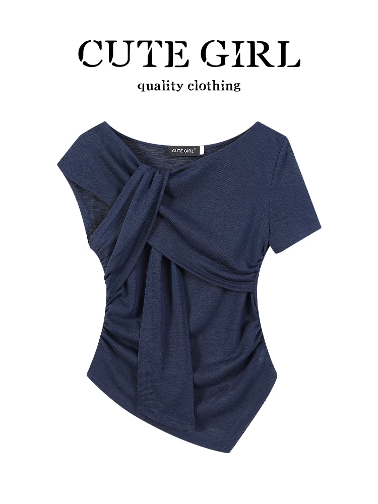 Thiết kế độc đáo của CuteGirl, áo thun ngắn tay xoắn dây không đều kiểu dáng độc đáo dành cho nữ, áo thun xếp ly eo độc đáo mùa hè.