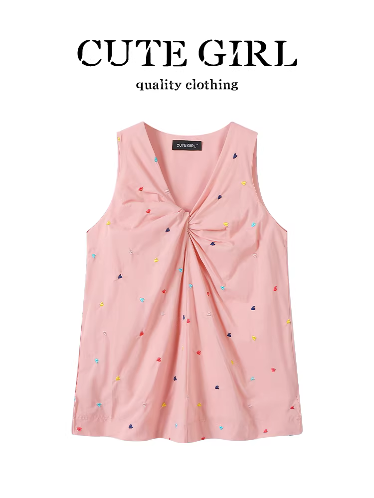 Áo vest không tay cổ chữ V màu hồng phong cách Hàn Quốc dành cho nữ, áo thêu hình trái tim dáng rộng thanh lịch mùa hè