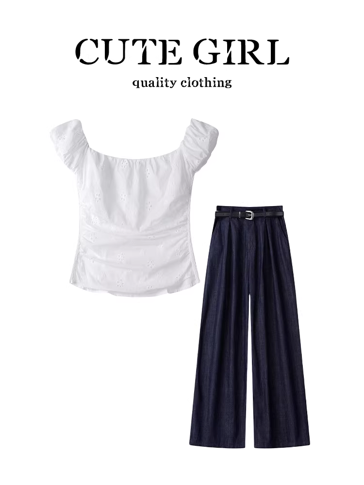 Bộ đồ hai mảnh mùa hè phong cách Pháp dễ thương dành cho nữ, áo trắng không tay khoét lỗ và quần ống rộng thường ngày.
