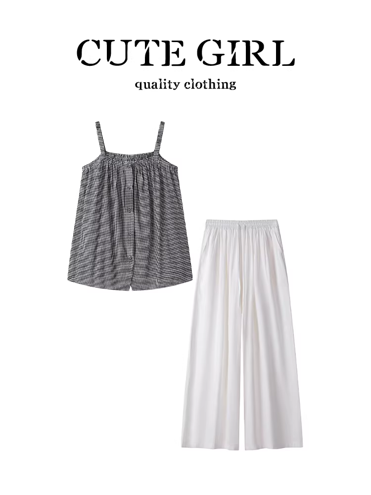 Bộ trang phục hoàn chỉnh phong cách CuteGirl ootd dành cho nữ mùa hè áo yếm kẻ sọc quần ống rộng màu trắng Bộ hai món