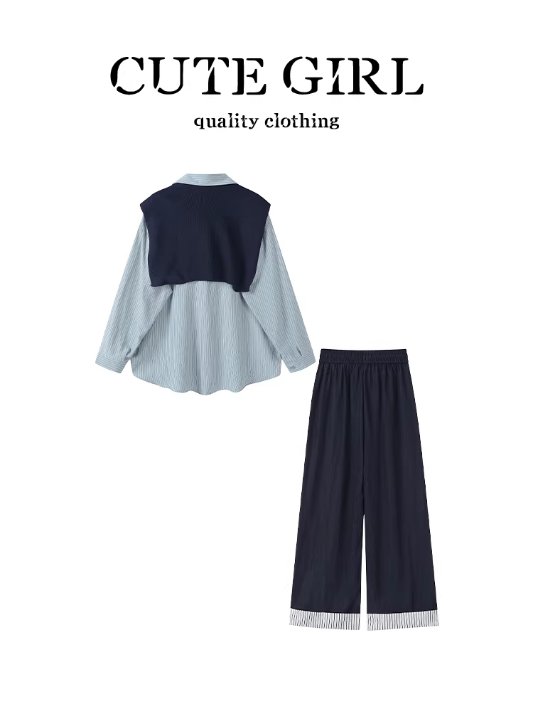 Bộ đồ thu sớm độc đáo và siêu thời trang dành cho nữ, gồm áo sơ mi xanh kèm khăn choàng và quần ống rộng, bộ hai mảnh.