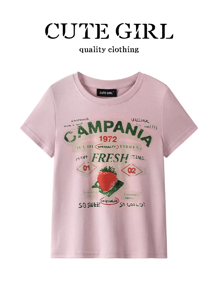Áo thun ngắn tay dài ngang vai màu hồng in hình dâu tây cổ điển của CuteGirl dành cho nữ mùa hè cổ tròn đa năng giảm tuổi tác