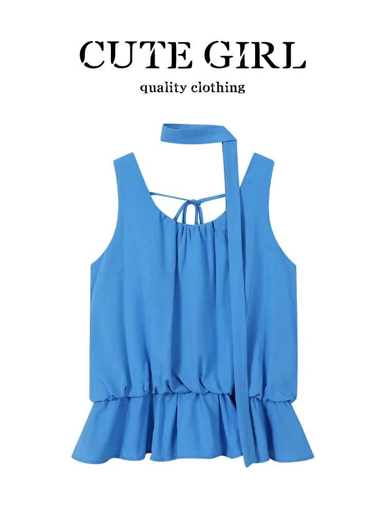 Áo vest không tay màu xanh có dây buộc cổ kiểu Hàn Quốc dành cho nữ, áo buộc dây hở lưng độc đáo cho mùa hè.