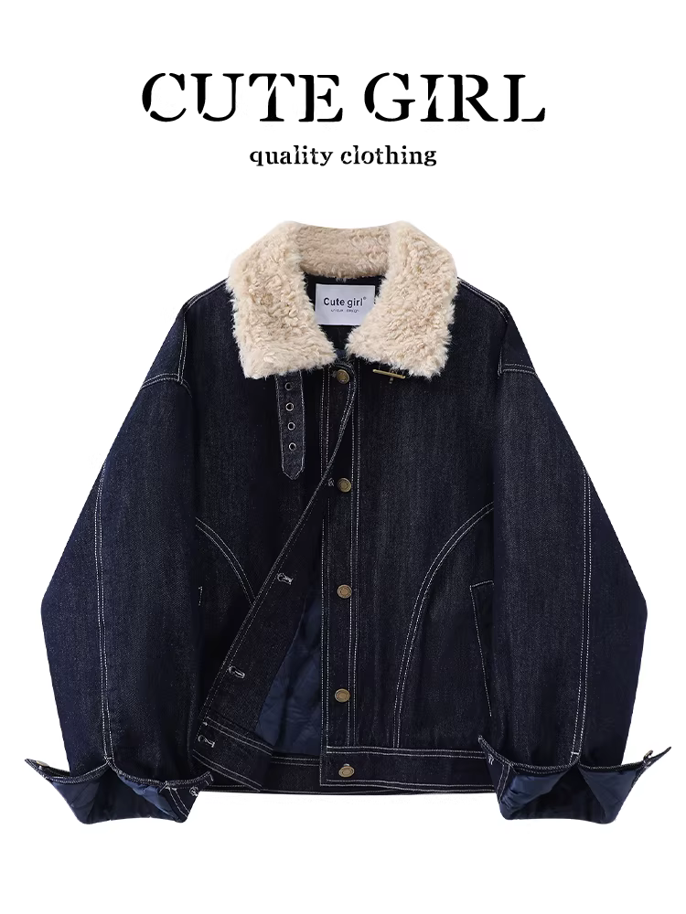 Áo khoác denim cổ lông cổ điển Hàn Quốc CuteGirl dành cho nữ, mùa thu đông, dáng nhỏ nhắn, dáng rộng, giản dị, áo khoác đa năng
