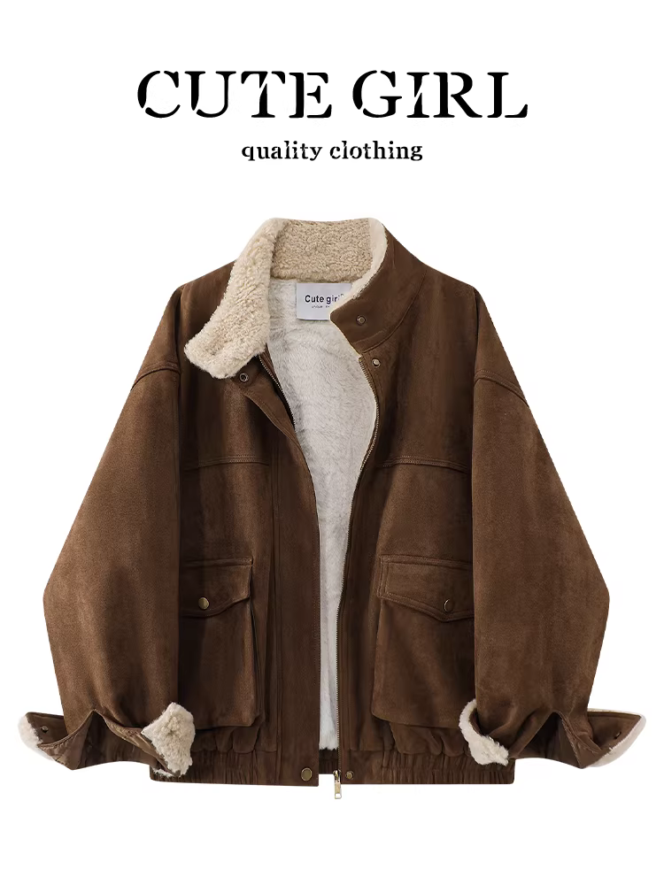 Áo khoác da lộn cổ đứng kiểu CuteGirl Barn dành cho nữ, mùa thu đông, thanh lịch, rộng rãi và đa năng, áo khoác lót lông cừu