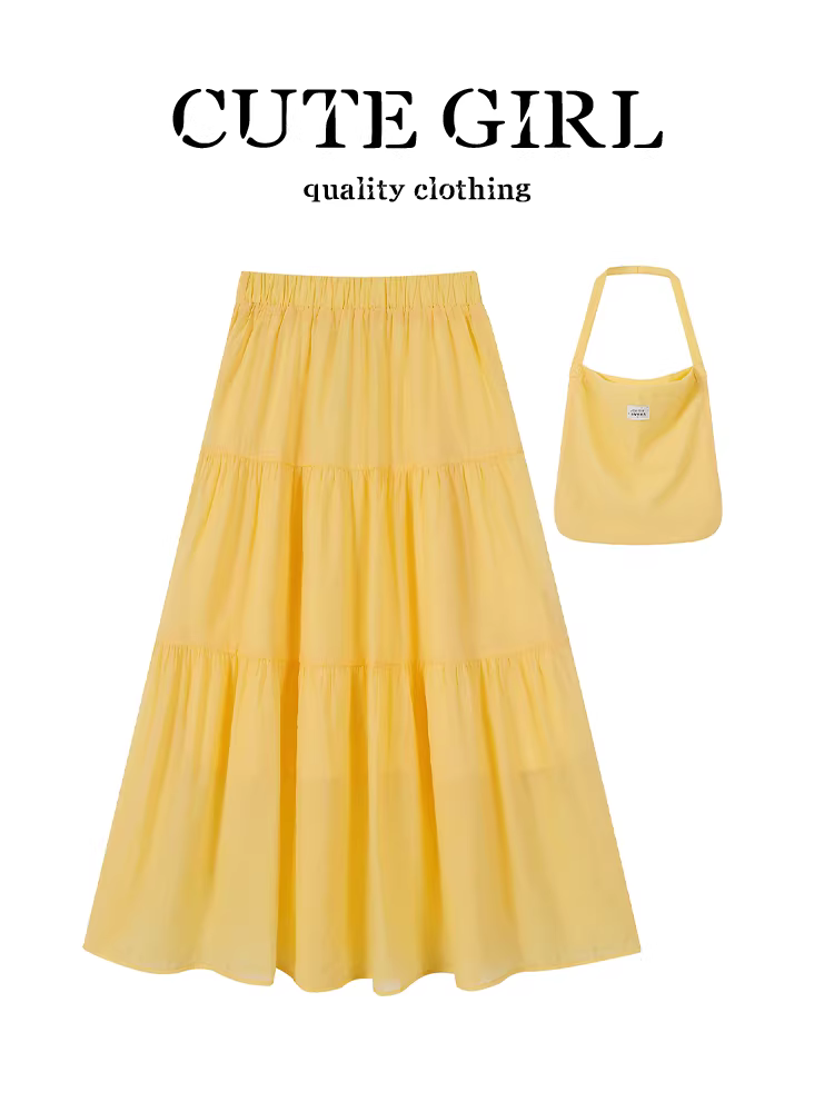 Váy chữ A xếp ly màu vàng cổ điển của CuteGirl dành cho nữ, váy dài xếp tầng đa năng eo cao mùa hè