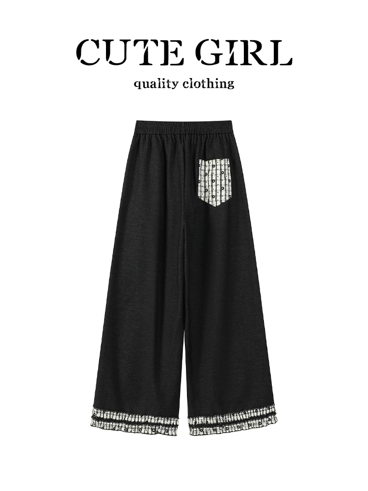 Quần jean ống rộng phối ren lưng thun màu đen sành điệu dành cho nữ, quần ống đứng đa năng cạp cao giảm béo mùa thu
