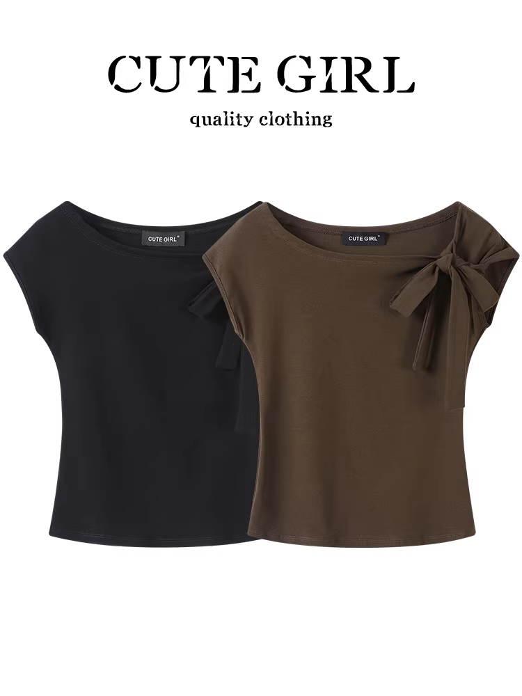 Áo thun ngắn tay có dây buộc kiểu dáng thuần khiết và quyến rũ lấy cảm hứng từ thiết kế CuteGirl dành cho nữ, áo trễ vai ngắn ôm vừa vặn mùa hè.
