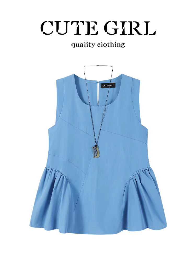 Áo vest không tay cổ chữ U xù lông màu xanh phong cách Hàn Quốc dễ thương dành cho nữ, áo dáng rộng đa năng thanh lịch mùa hè