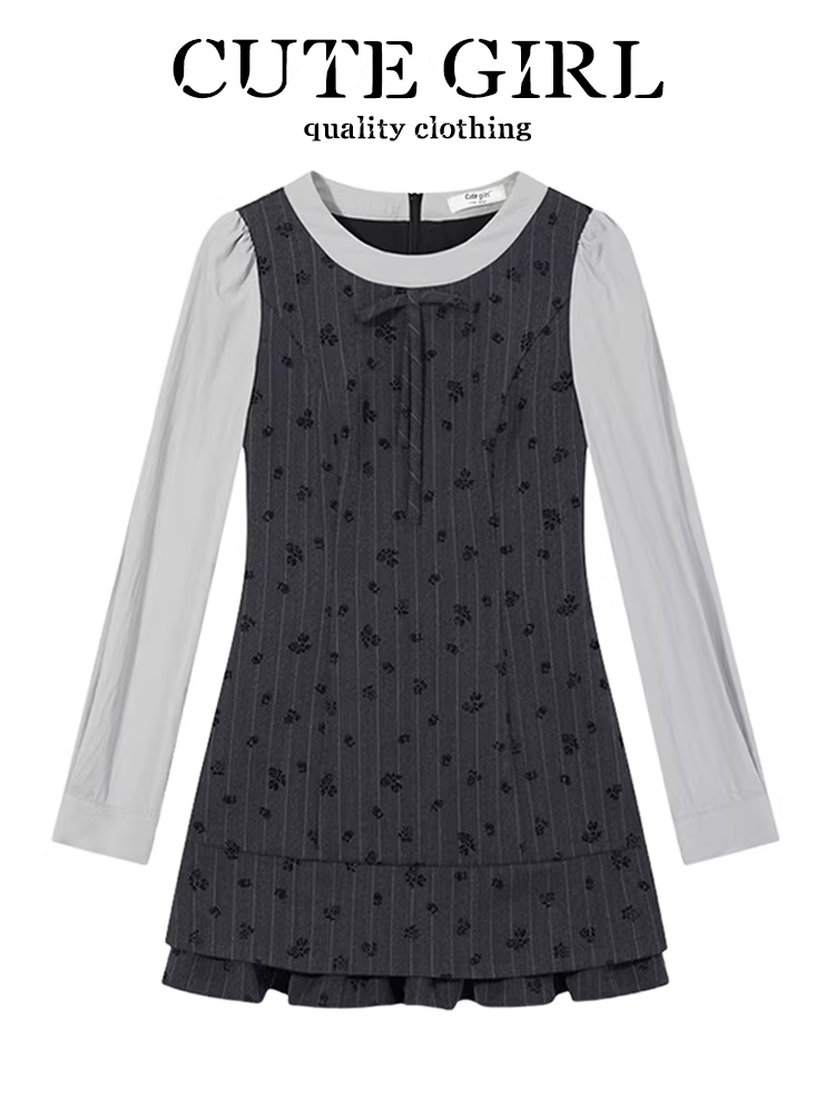 Váy hai mảnh giả cổ điển kiểu Pháp của CuteGirl dành cho nữ mùa xuân mới Váy dài chữ A ngọt ngào và đa năng