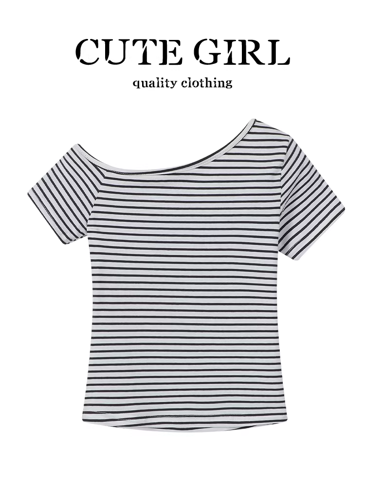 Áo thun ngắn tay lệch vai sọc độc đáo của CuteGirl dành cho nữ, áo kiểu dáng ôm vừa vặn và sang trọng mùa hè.