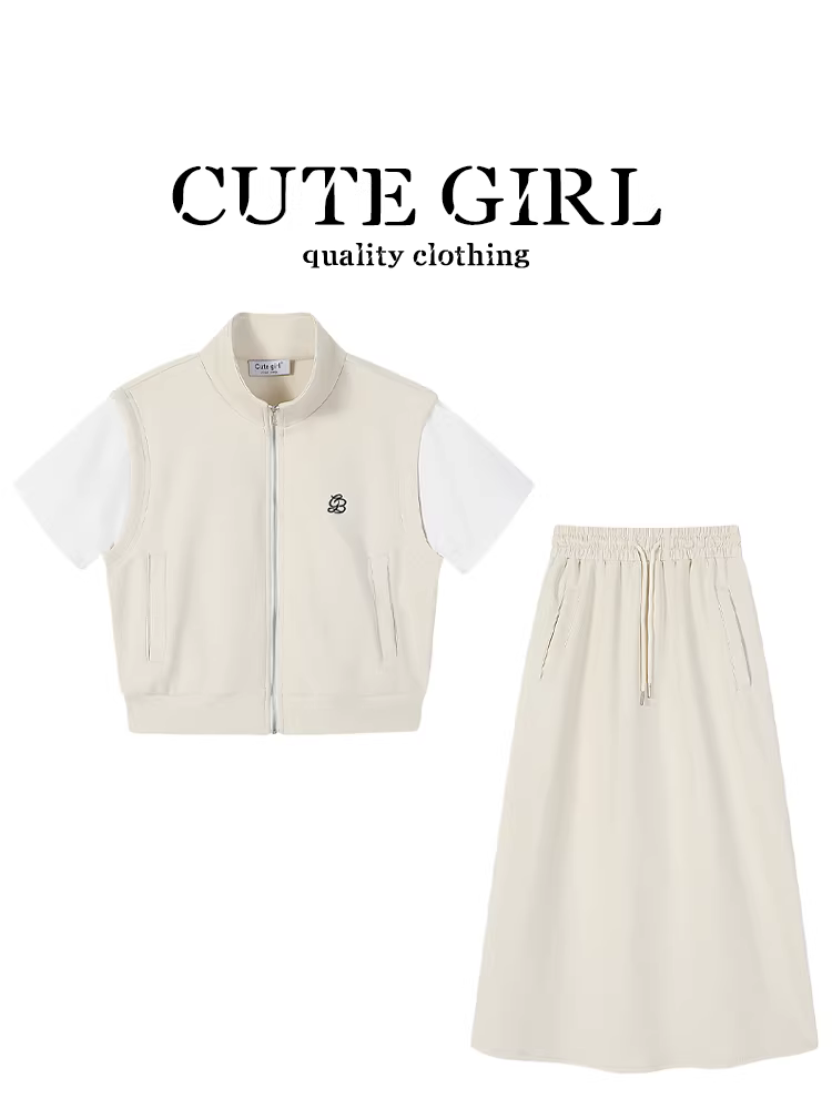 Bộ trang phục hai mảnh mùa hè dành cho nữ gồm áo cardigan ngắn tay phối màu giả hai lớp và chân váy thẳng lưng cao có dây lưng, thiết kế dễ thương.