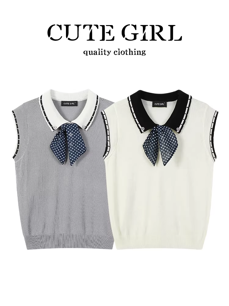CuteGirl phong cách Hàn Quốc cổ polo chấm bi khăn quàng cổ dệt kim tay ngắn mùa hè dành cho nữ phong cách đại học dáng rộng giản dị hàng đầu hợp thời trang