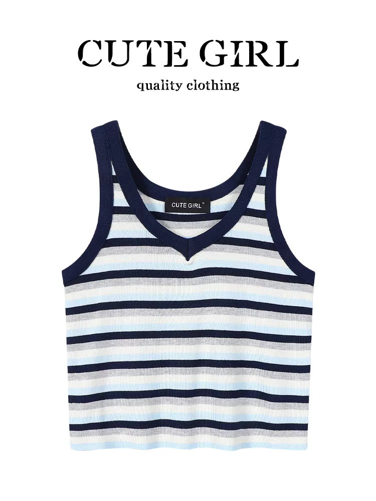 Áo yếm dệt kim sọc màu dopamine phong cách Hàn Quốc dành cho nữ, áo ngắn ôm sát mùa hè