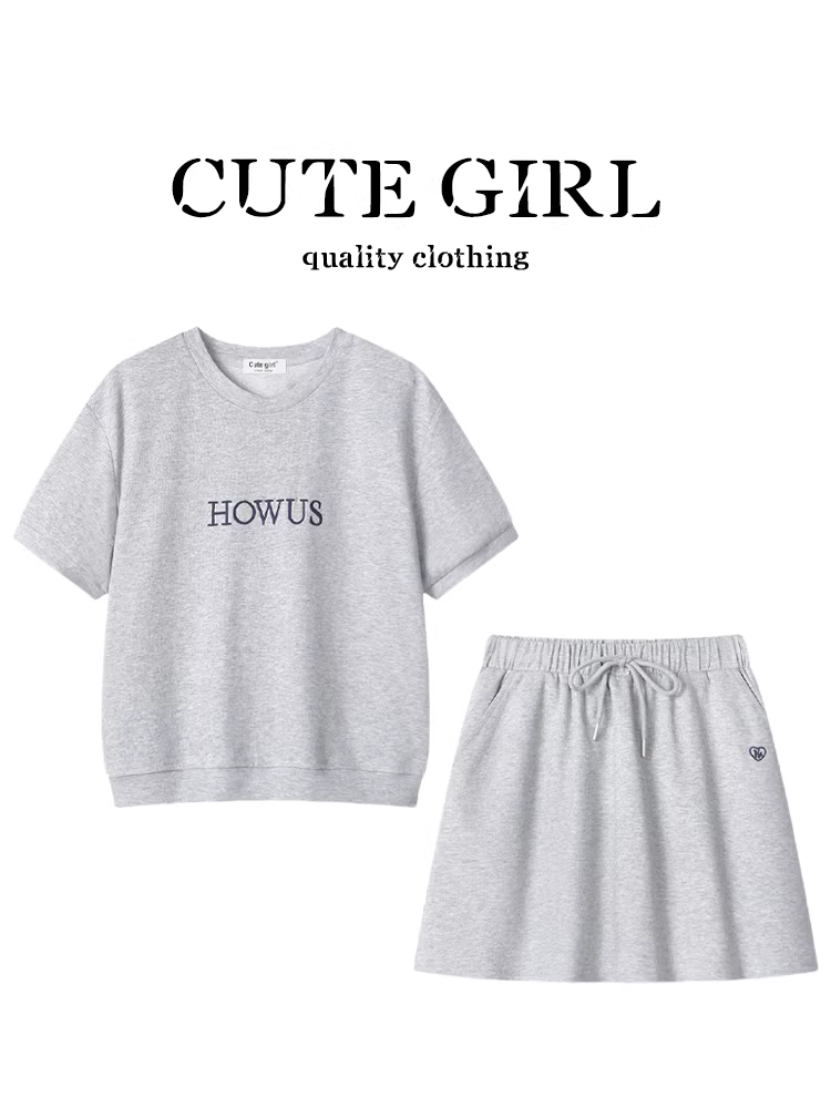 Bộ trang phục mùa hè thuần khiết của CuteGirl dành cho nữ, áo thun ngắn tay thêu phong cách thể thao và váy dài nửa thân, bộ hai mảnh